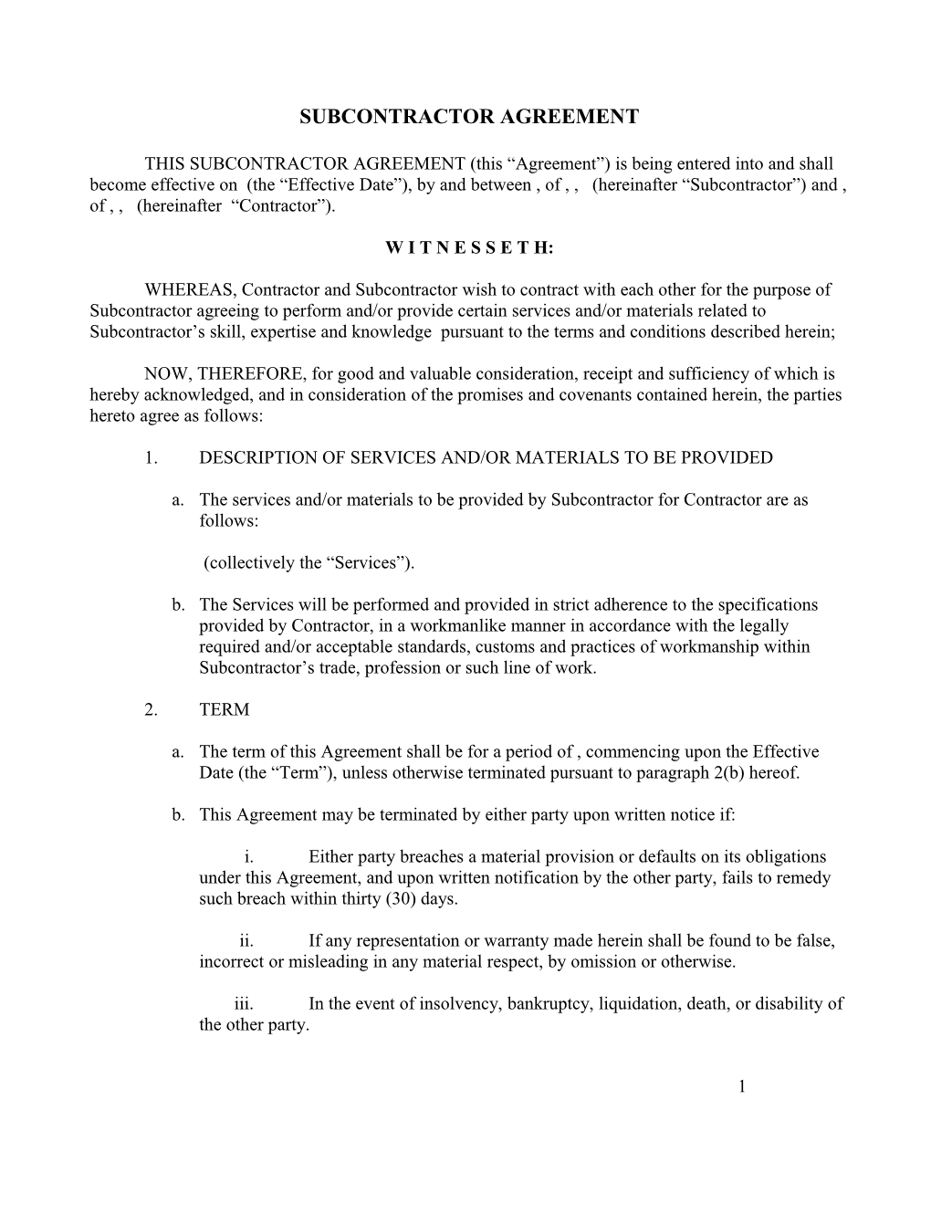 Subcontractor Agreement - Template