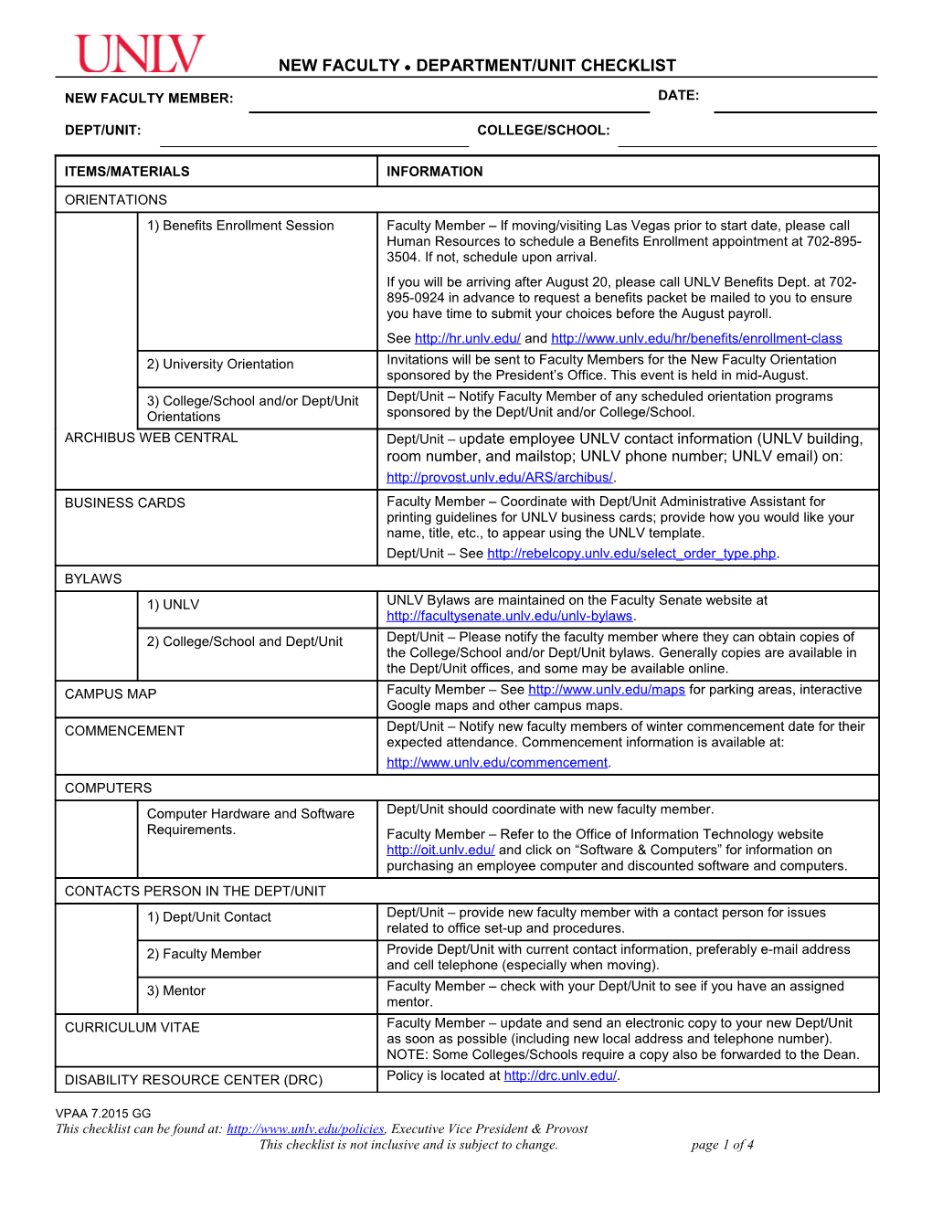 Departmental Checklist for New Faculty