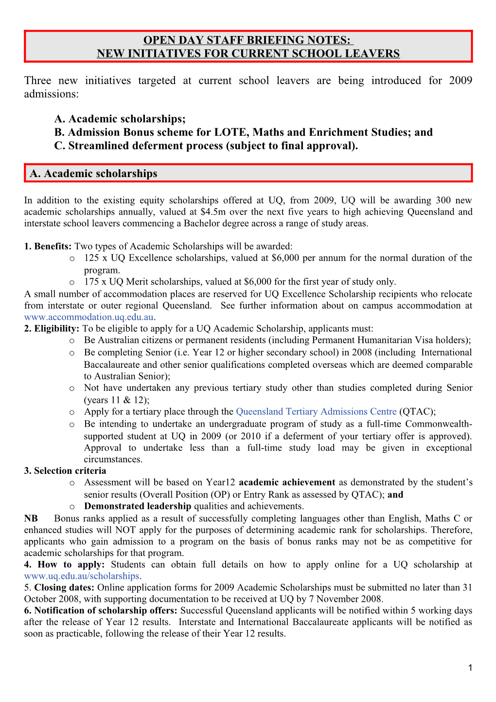 New Academic Scholarships 2009