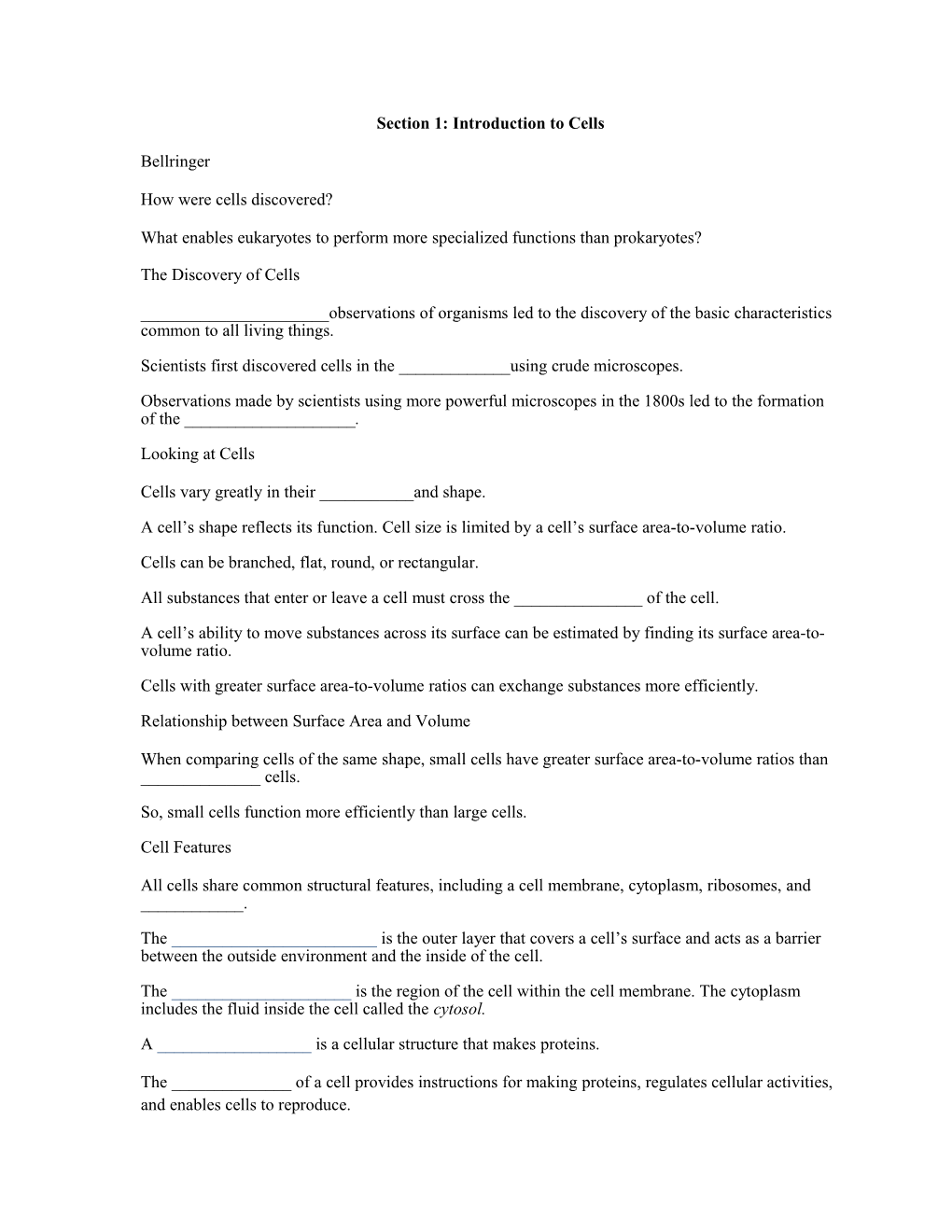 Section 1: Introduction to Cells