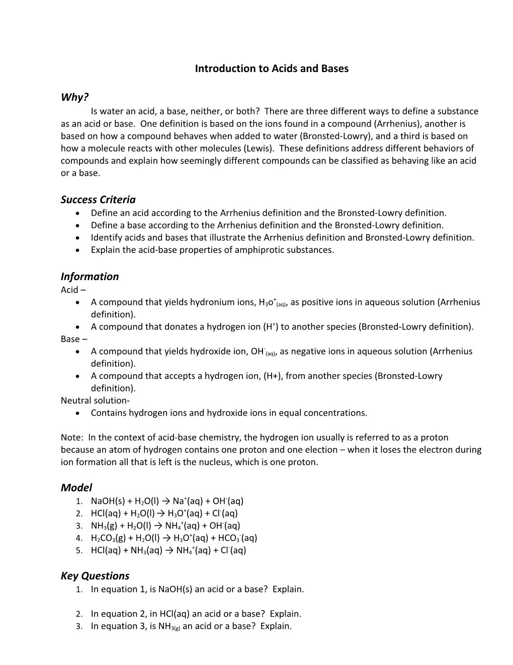 Introduction to Acids and Bases