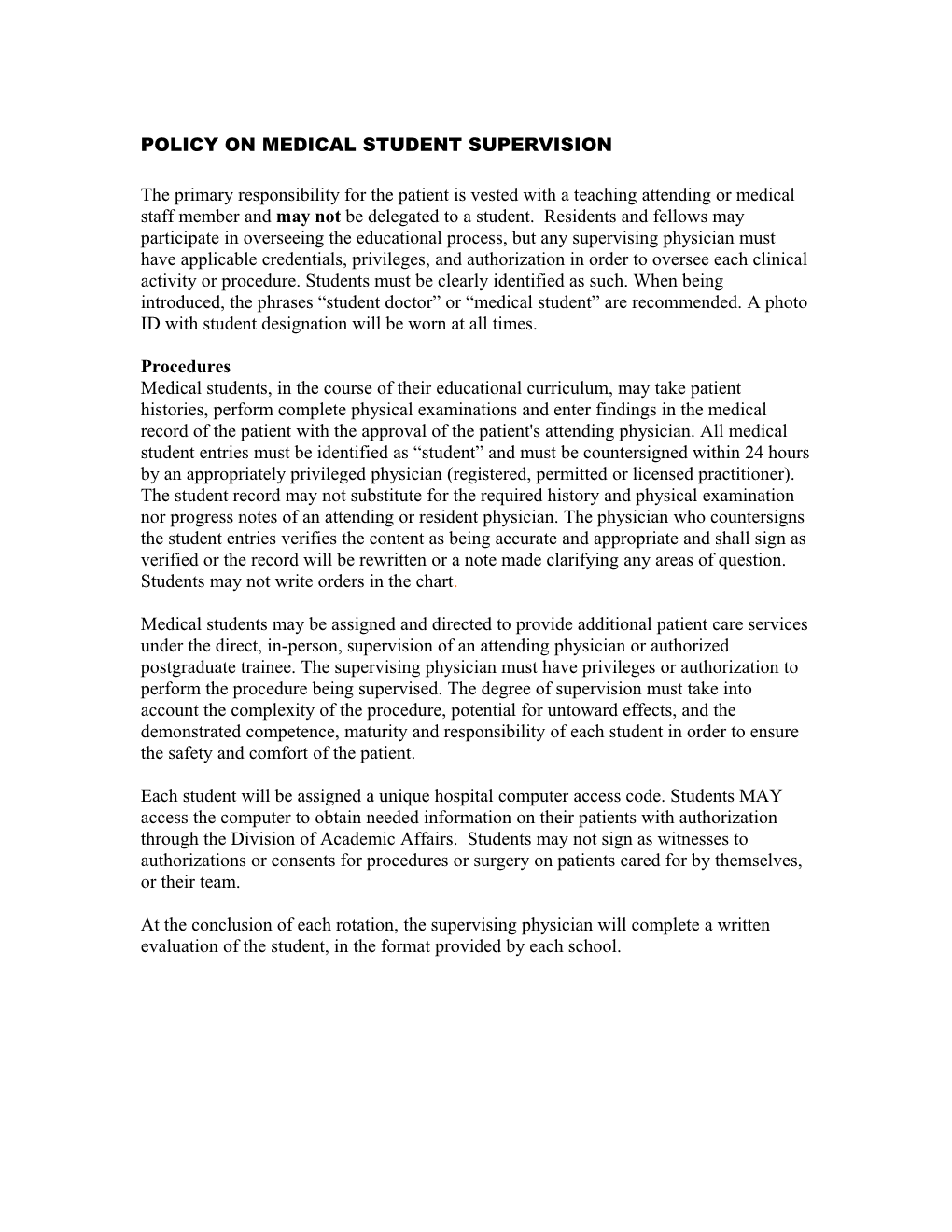 Policy on Medical Student Supervision
