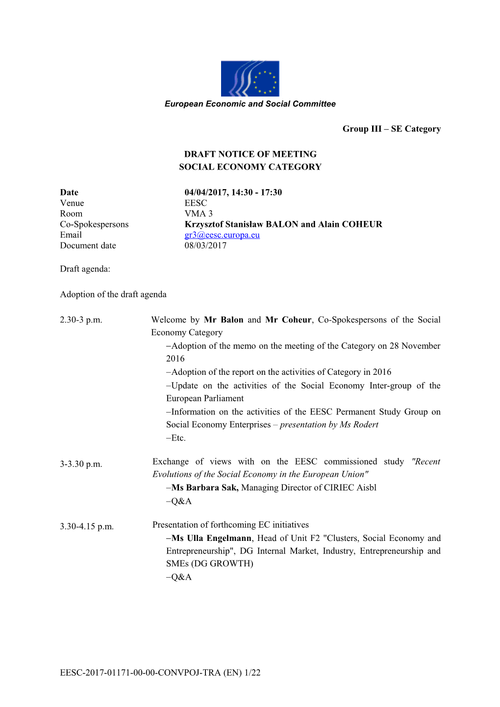 Draft Notice of Meeting - Social Economy Category