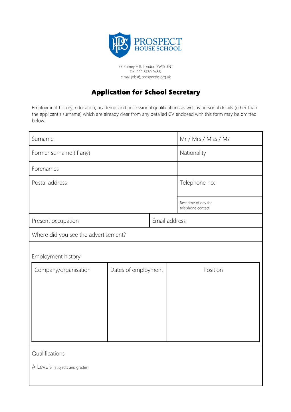 Application for School Secretary