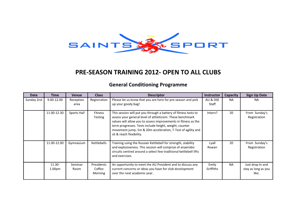 Pre-Season Training 2012- Open to All Clubs