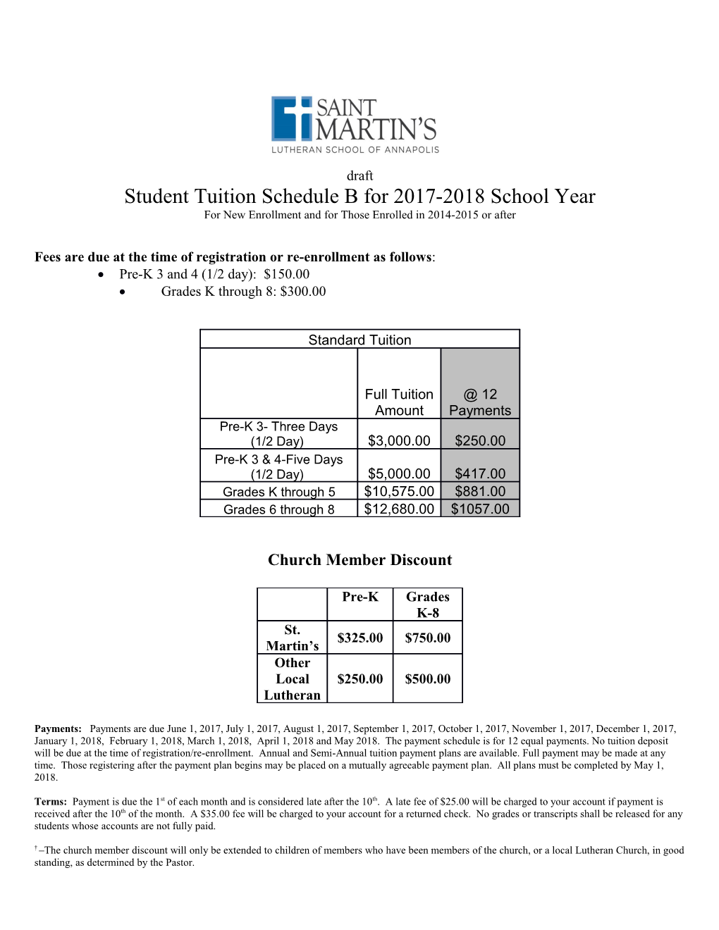 Student Tuition Schedule B for 2017-2018 School Year