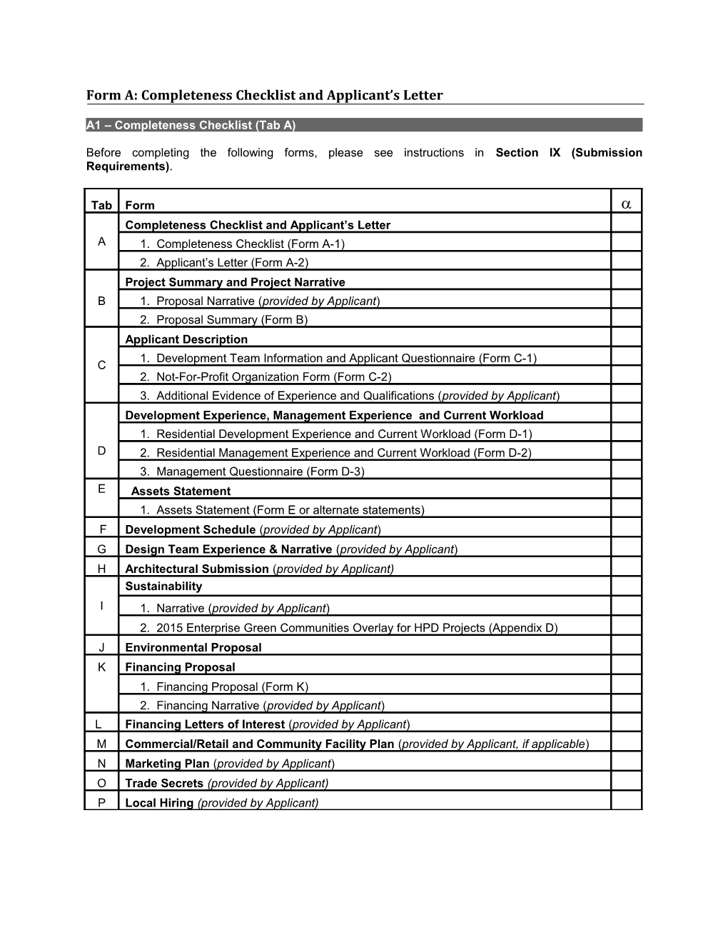 Form A: Completeness Checklist and Applicant S Letter s1