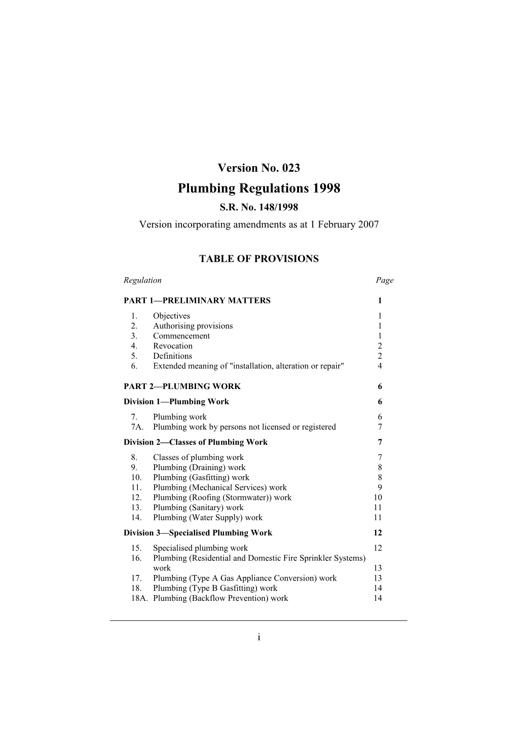 Plumbing Regulations 1998