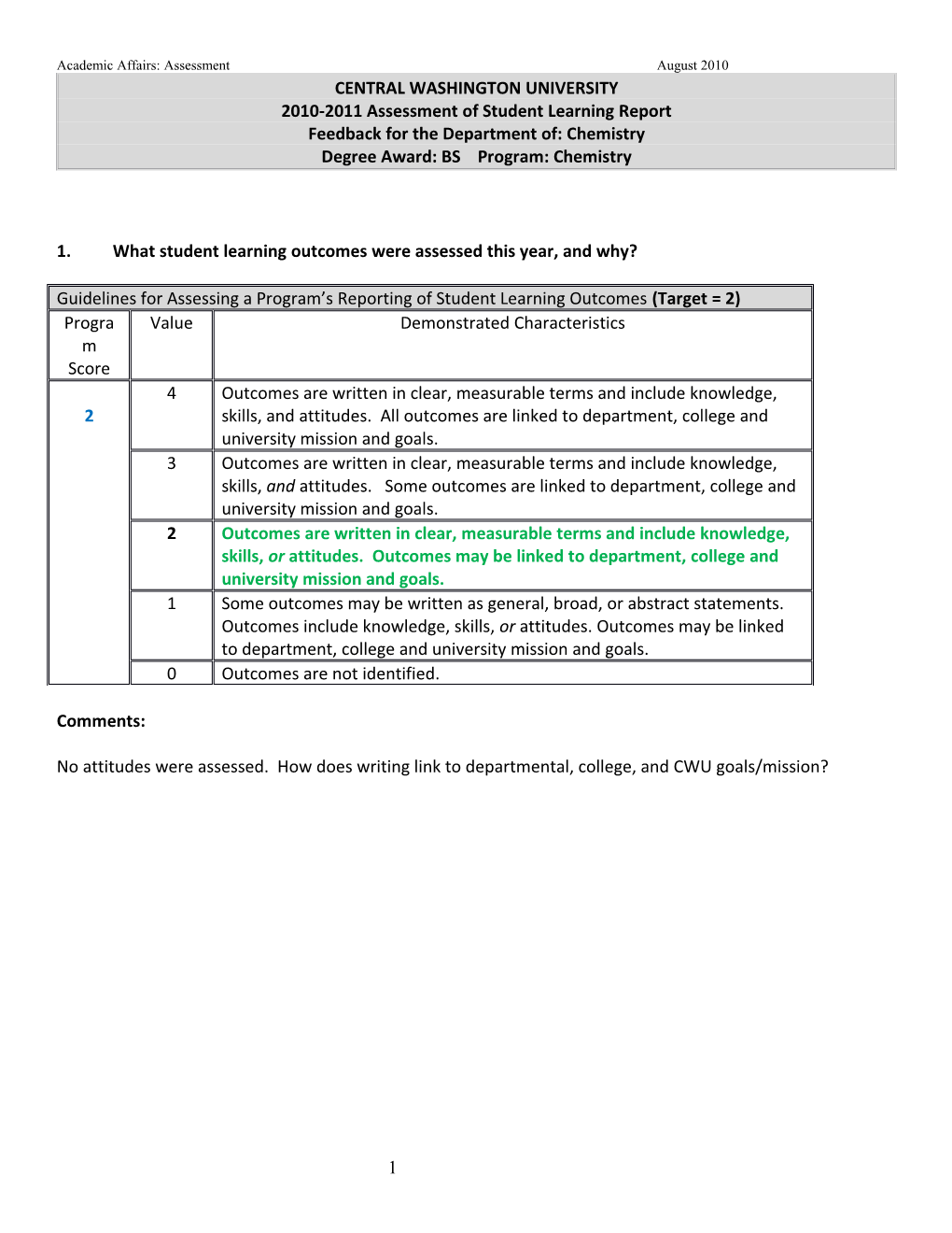 2010-2011 Assessment of Student Learning Report