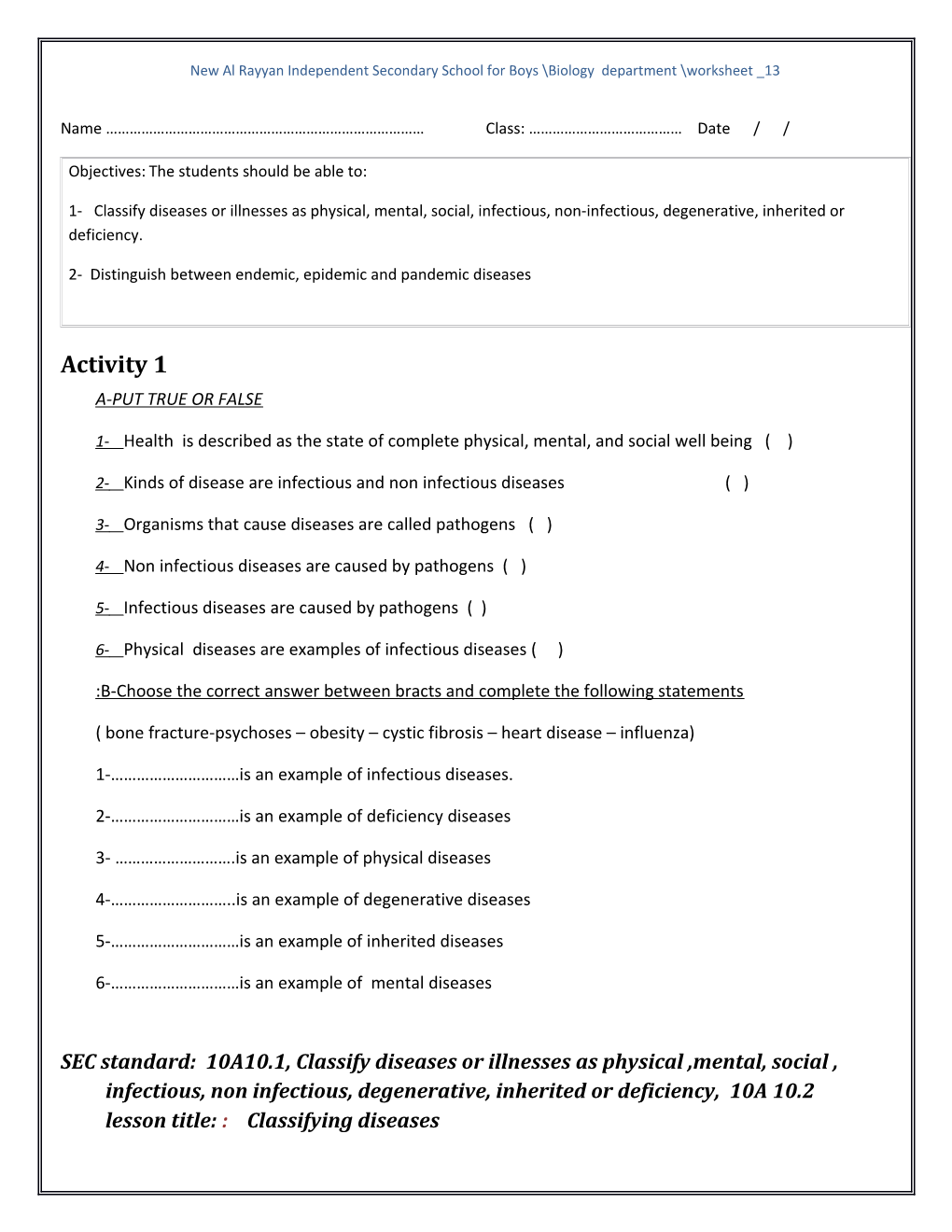 New Al Rayyan Independent Secondary School for Boys Biology Department Worksheet 1