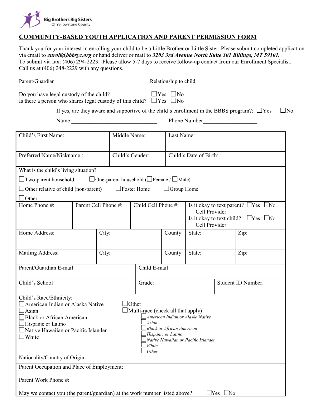 Community-Based Youth Application and Parent Permission Form