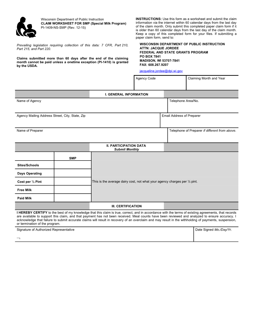 PI-1409 Claim Worksheet for National School Lunch, Breakfast, Special Milk, School Day