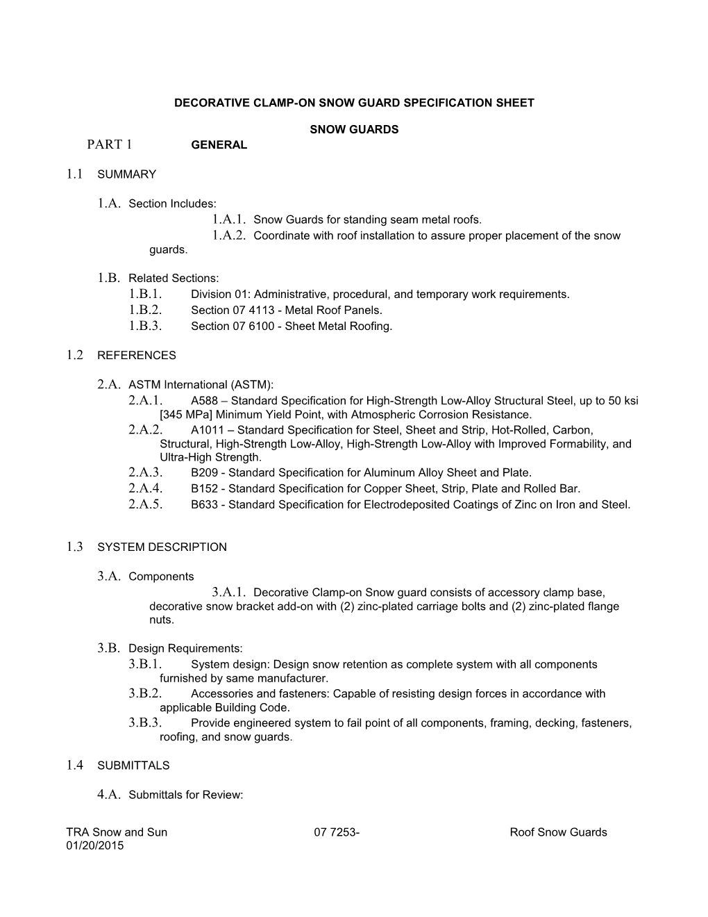 Decorative Clamp-On Snow Guard Specification Sheet