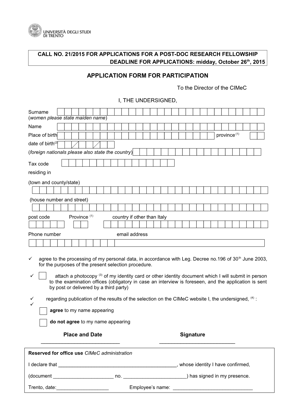 Call No.21/2015For Applications for a Post-Doc Research Fellowship