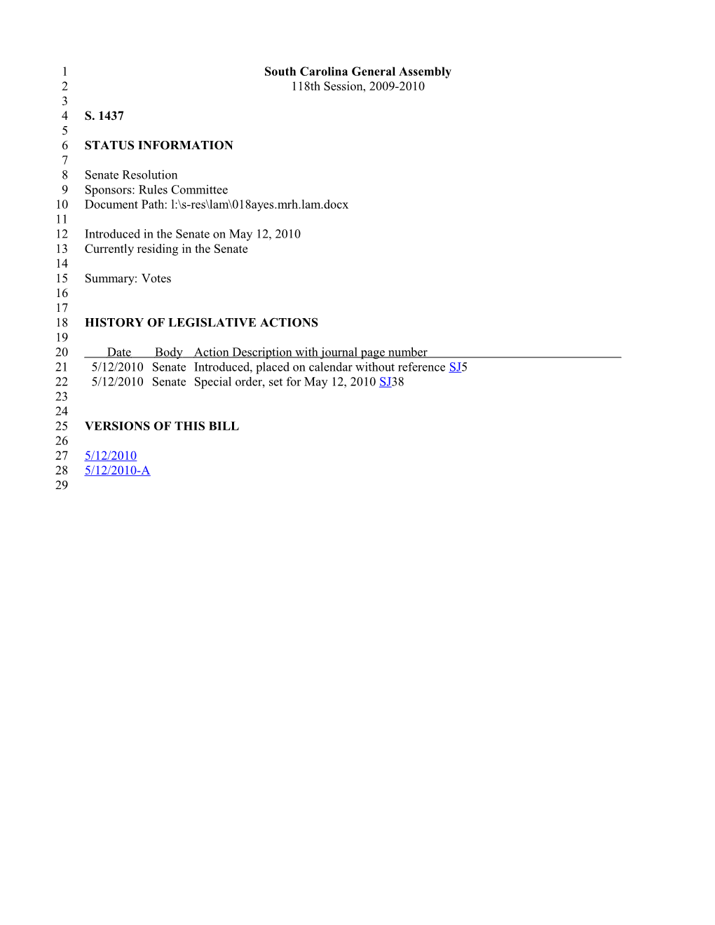 2009-2010 Bill 1437: Votes - South Carolina Legislature Online