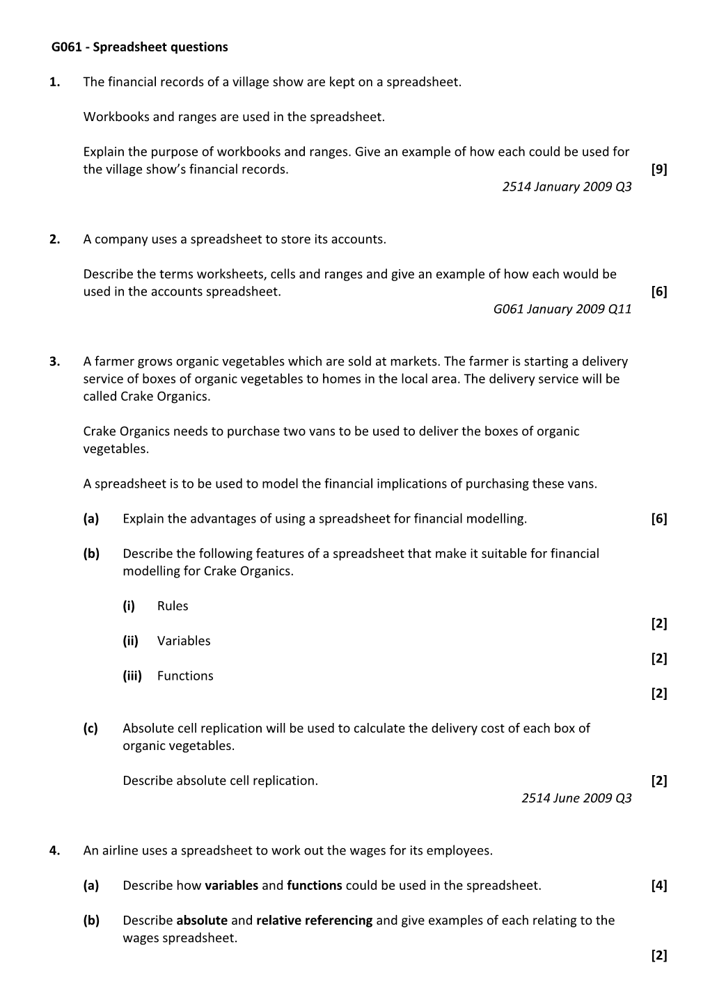 G061 - Spreadsheet Questions