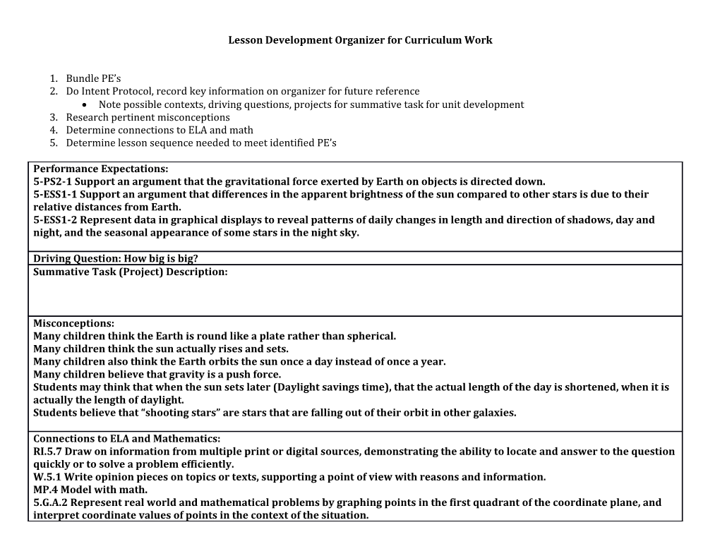 Lesson Development Organizer for Curriculum Work