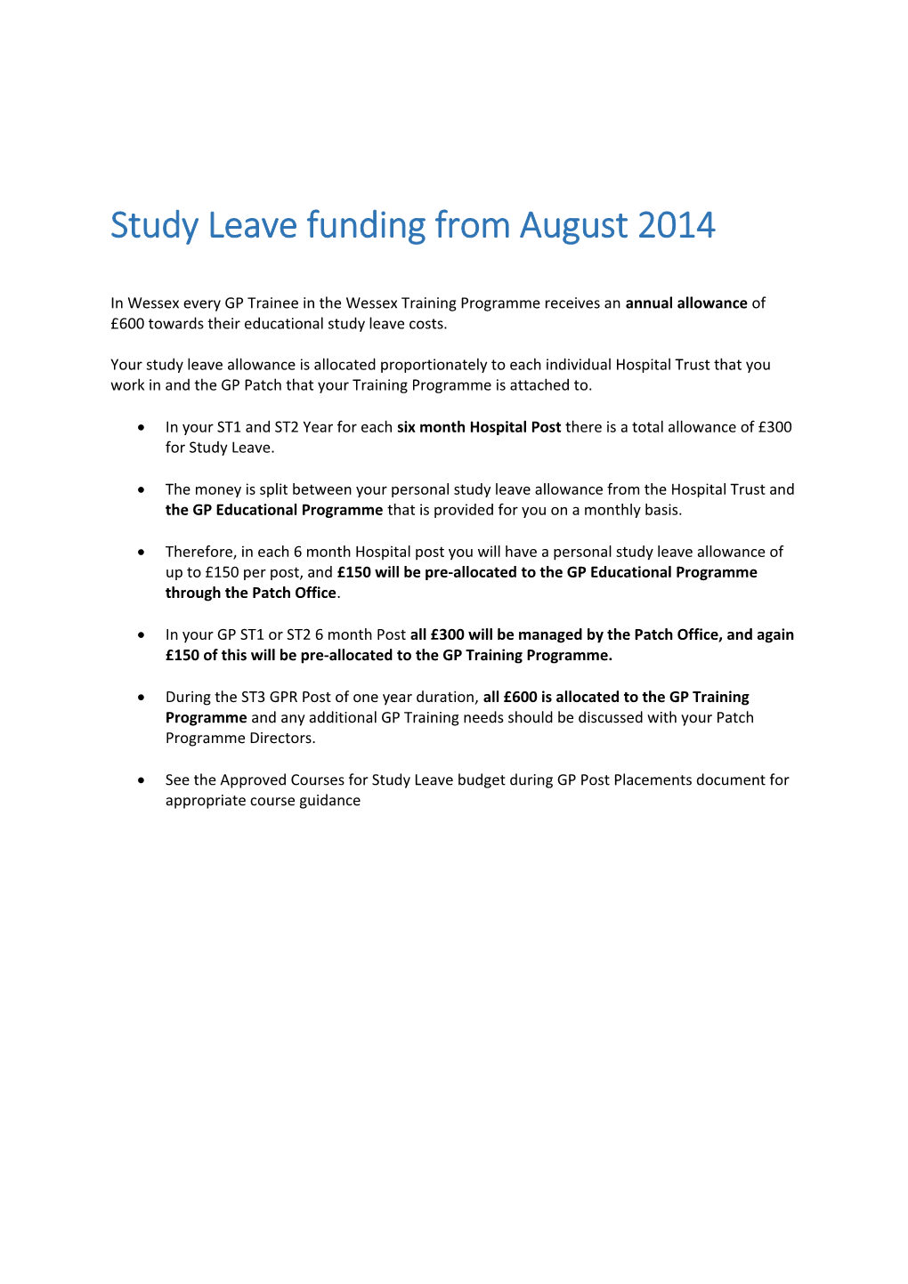 Study Leave Funding from August 2014