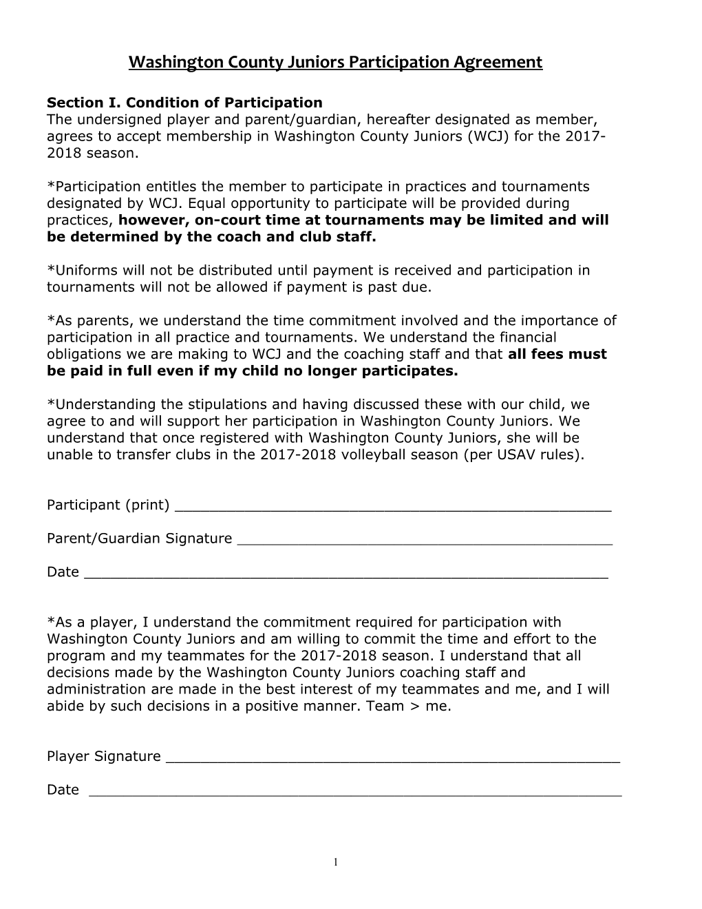 Brazos Valley Juniors Participation Agreement