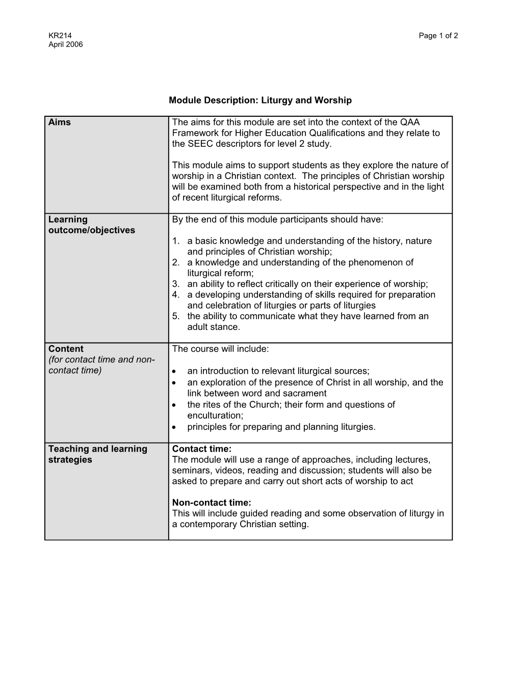 Module Description: Liturgy and Worship