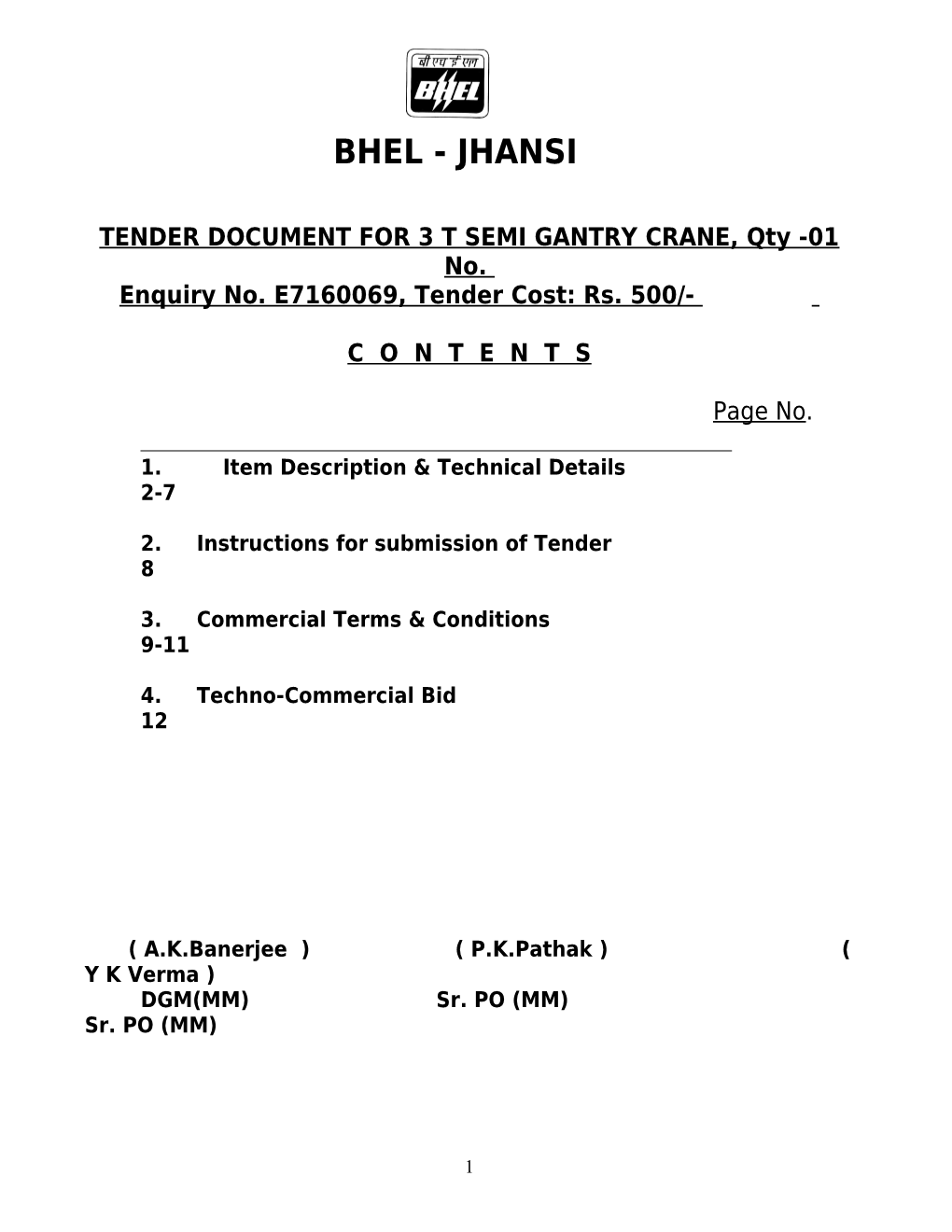 TENDER DOCUMENT for 3 T SEMI GANTRY CRANE, Qty -01 No