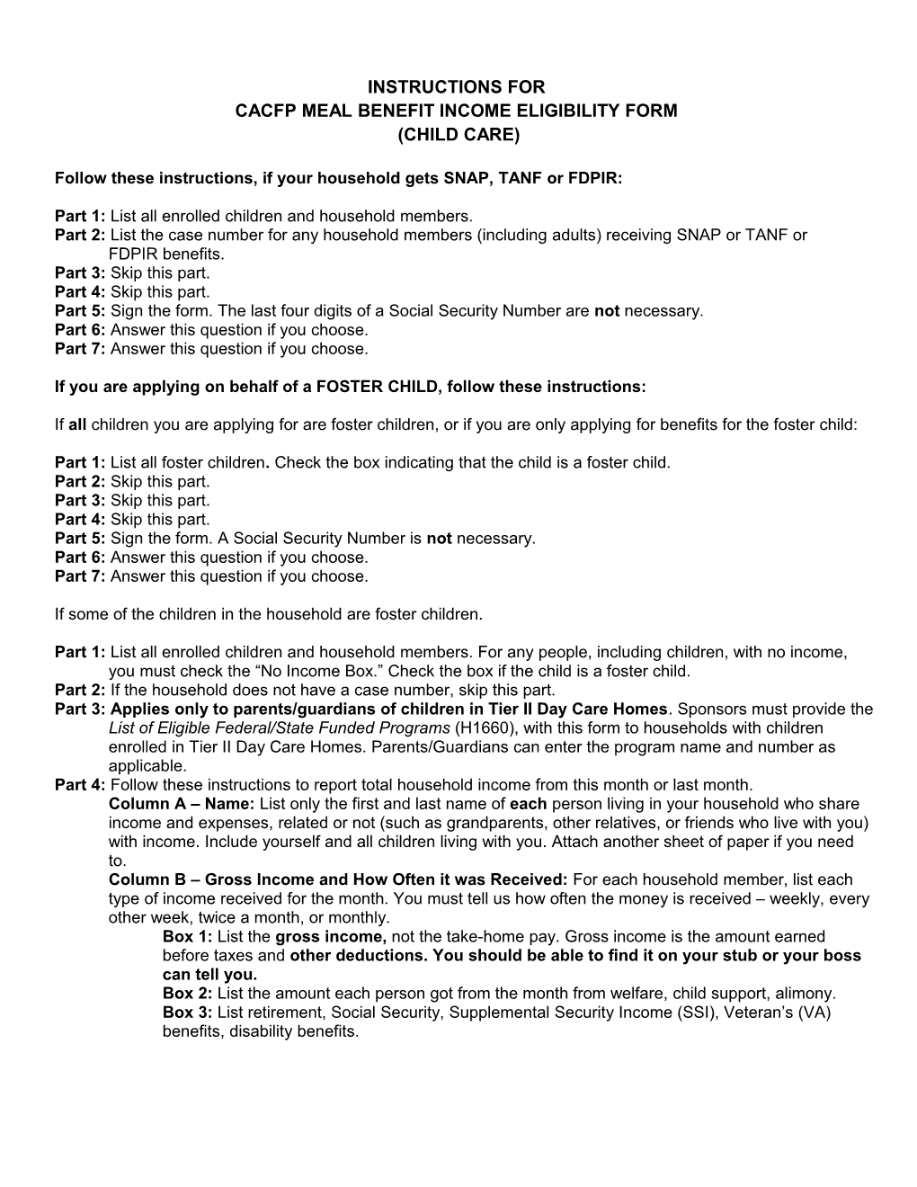 Cacfp Meal Benefit Income Eligibility Form