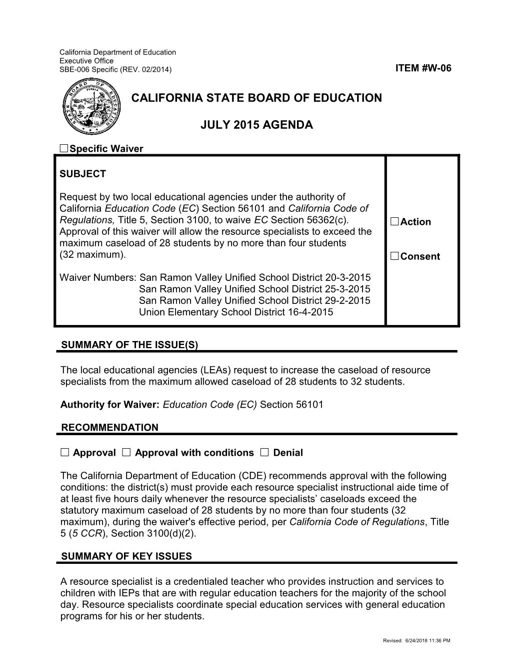 July 2015 Waiver Item W-06 - Meeting Agendas (CA State Board of Education)