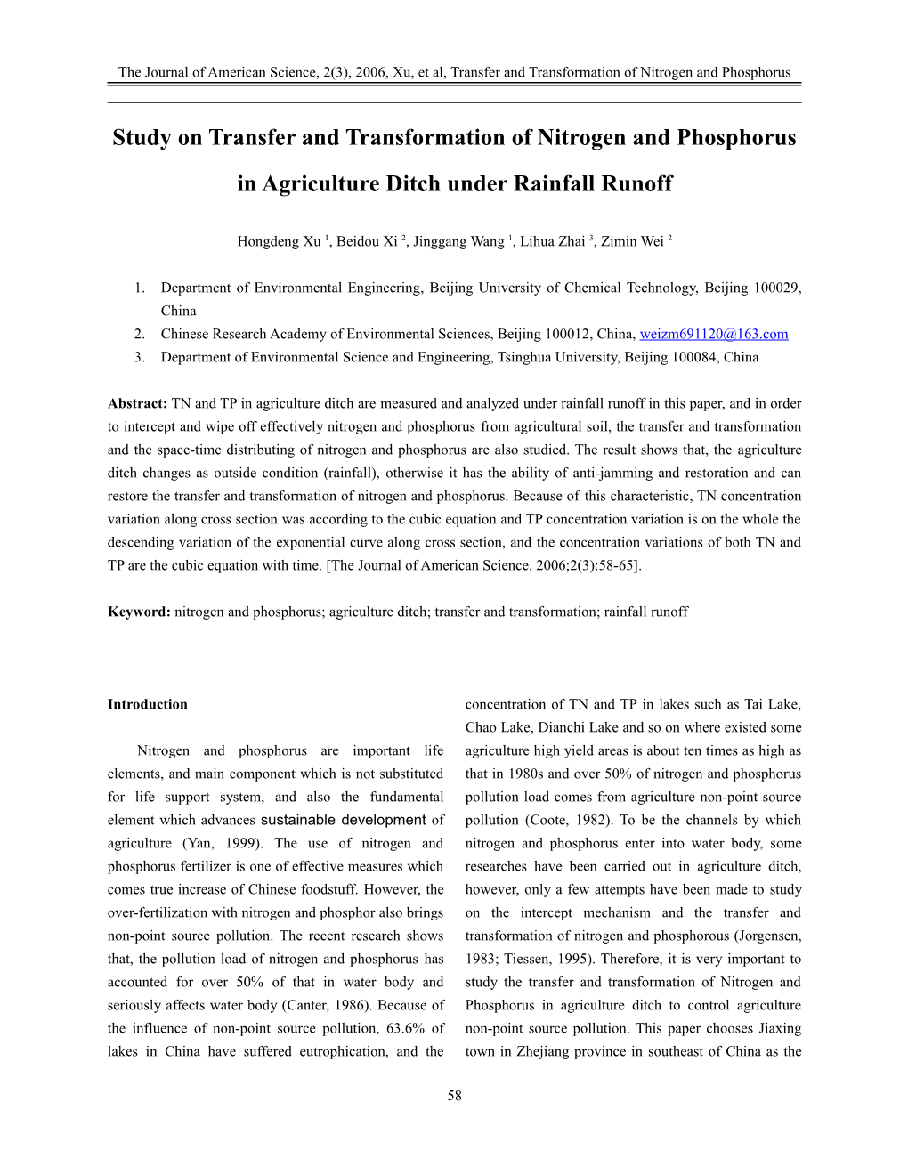 Study on Transfer and Transformation of Nitrogen and Phosphorus in Agriculture Drainage