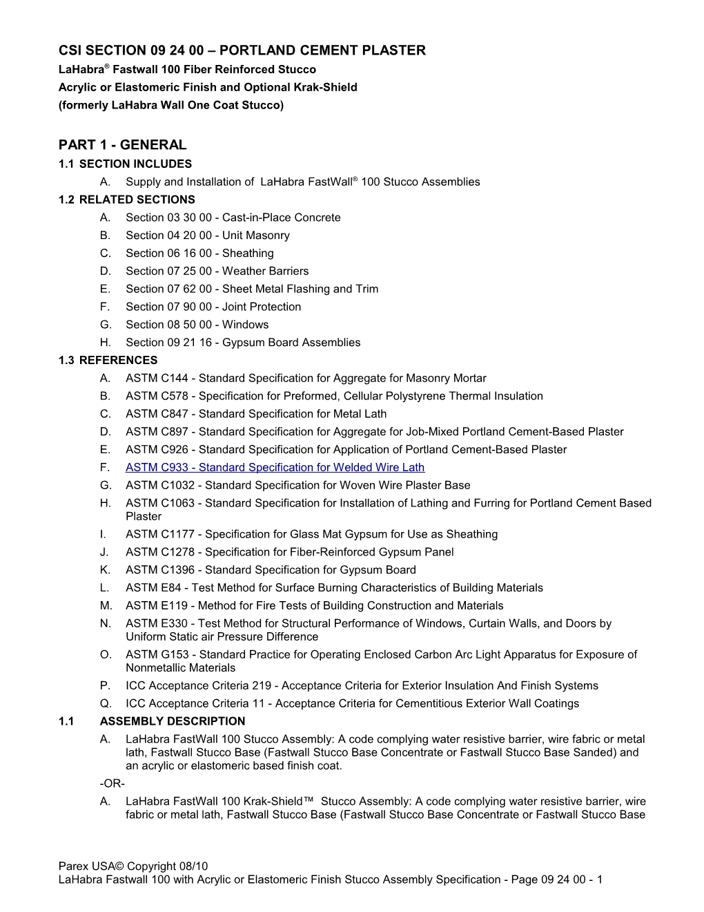 Csi Section 09200 - Fiber Reinforced Stucco