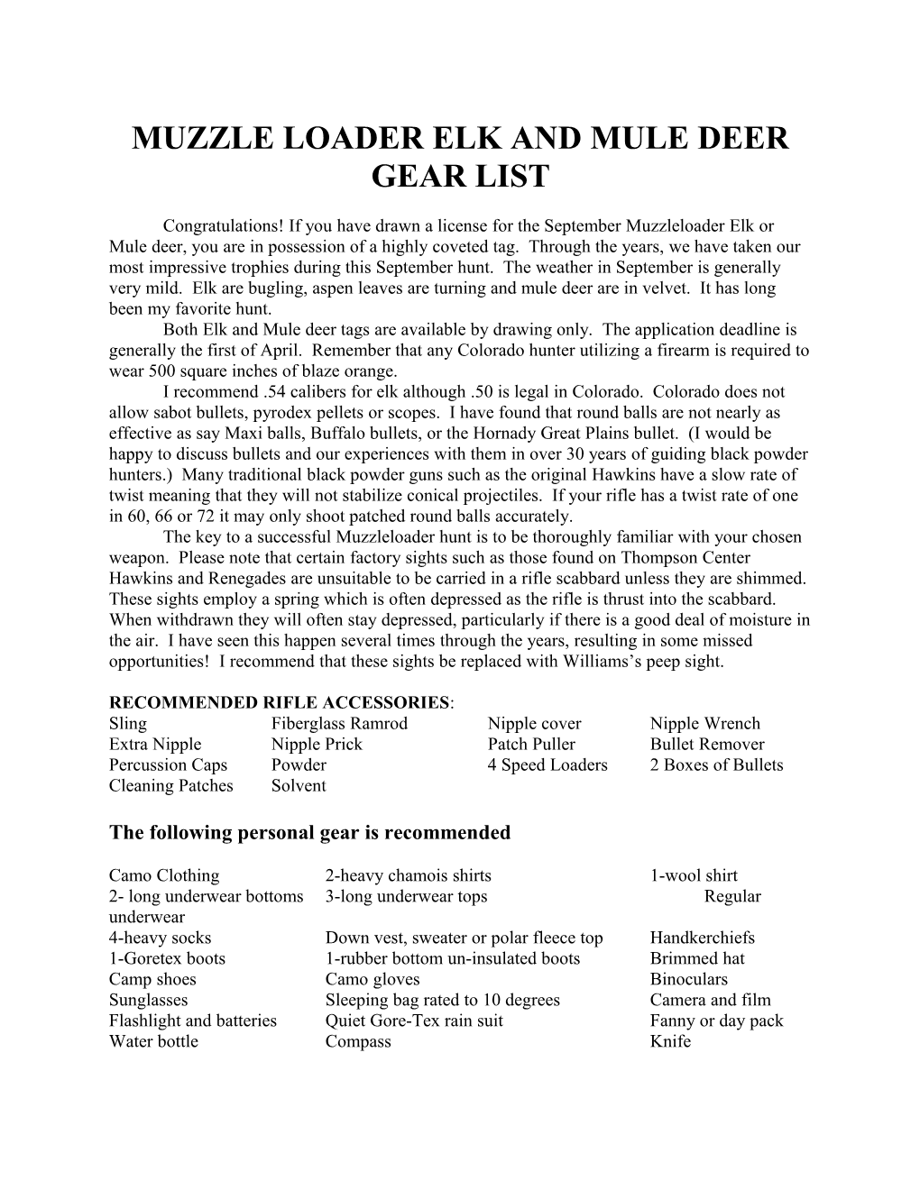 Muzzle Loader Elk and Mule Deer Gear List