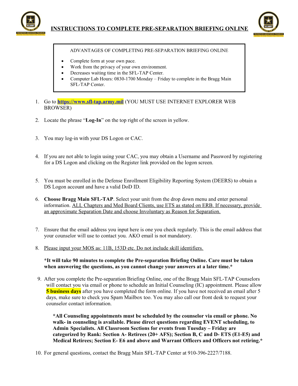 Instructions to Complete Pre-Separation Briefing Online