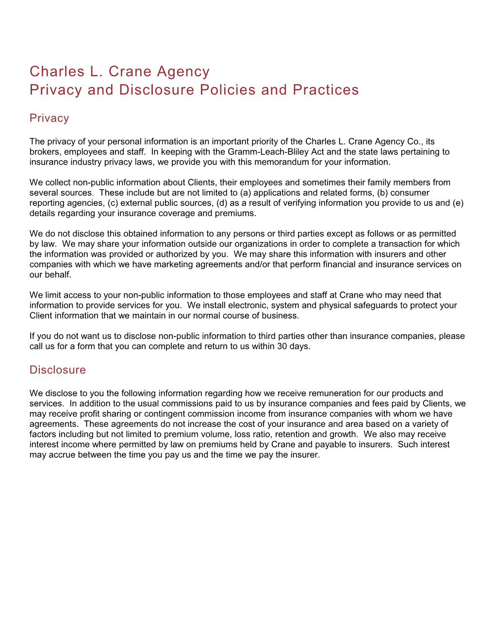 Privacy and Disclosure Policies and Practices