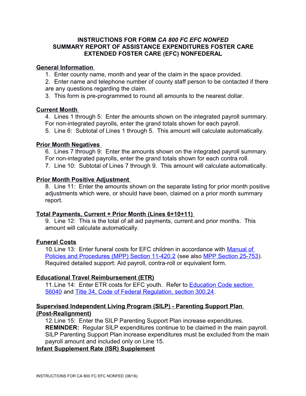 Instructions for Form Ca 800 Fc Efc Nonfed