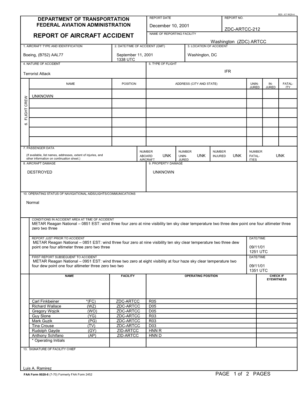 FAA Form 8020-6 (7-70) Formerly FAA Form 2452 PAGE 1 of 2 PAGES