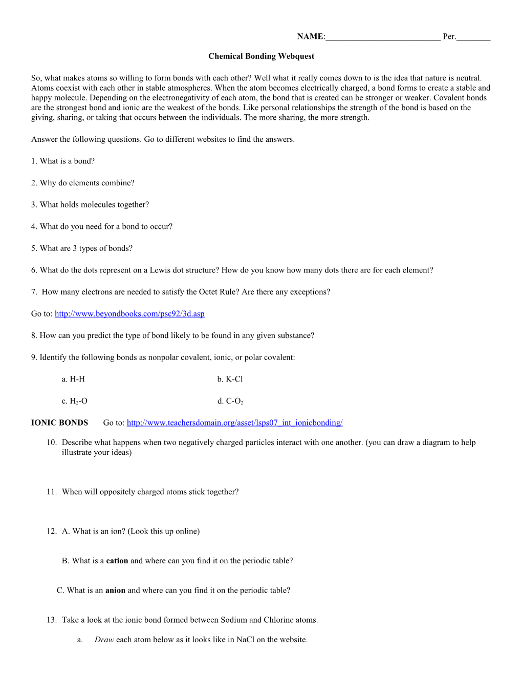 Chemical Bonding Webquest