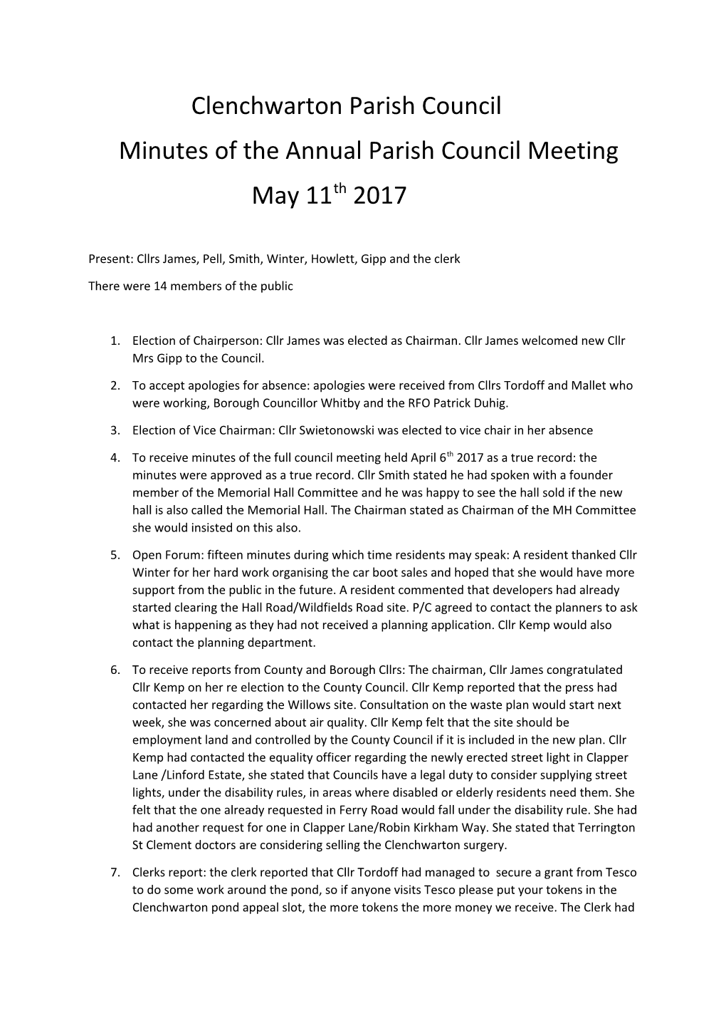 Minutes of the Annual Parish Council Meeting