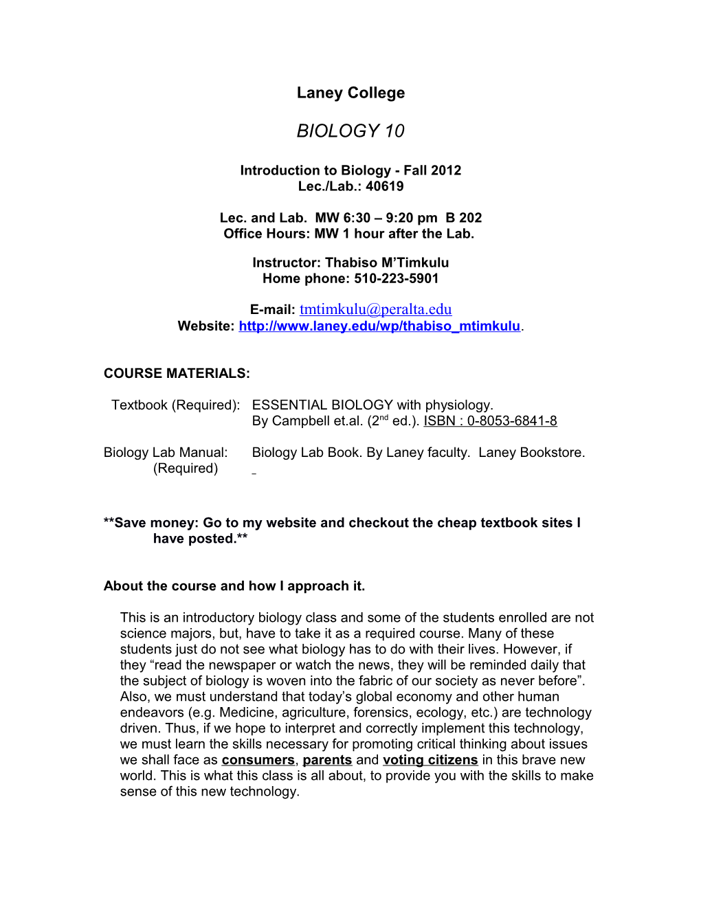 Introduction to Biology - Fall 2012