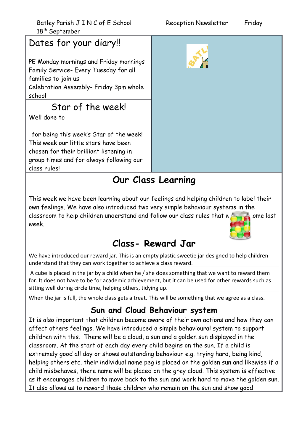 Batley Parish J I N C of E School Reception Newsletter Friday 18Th September