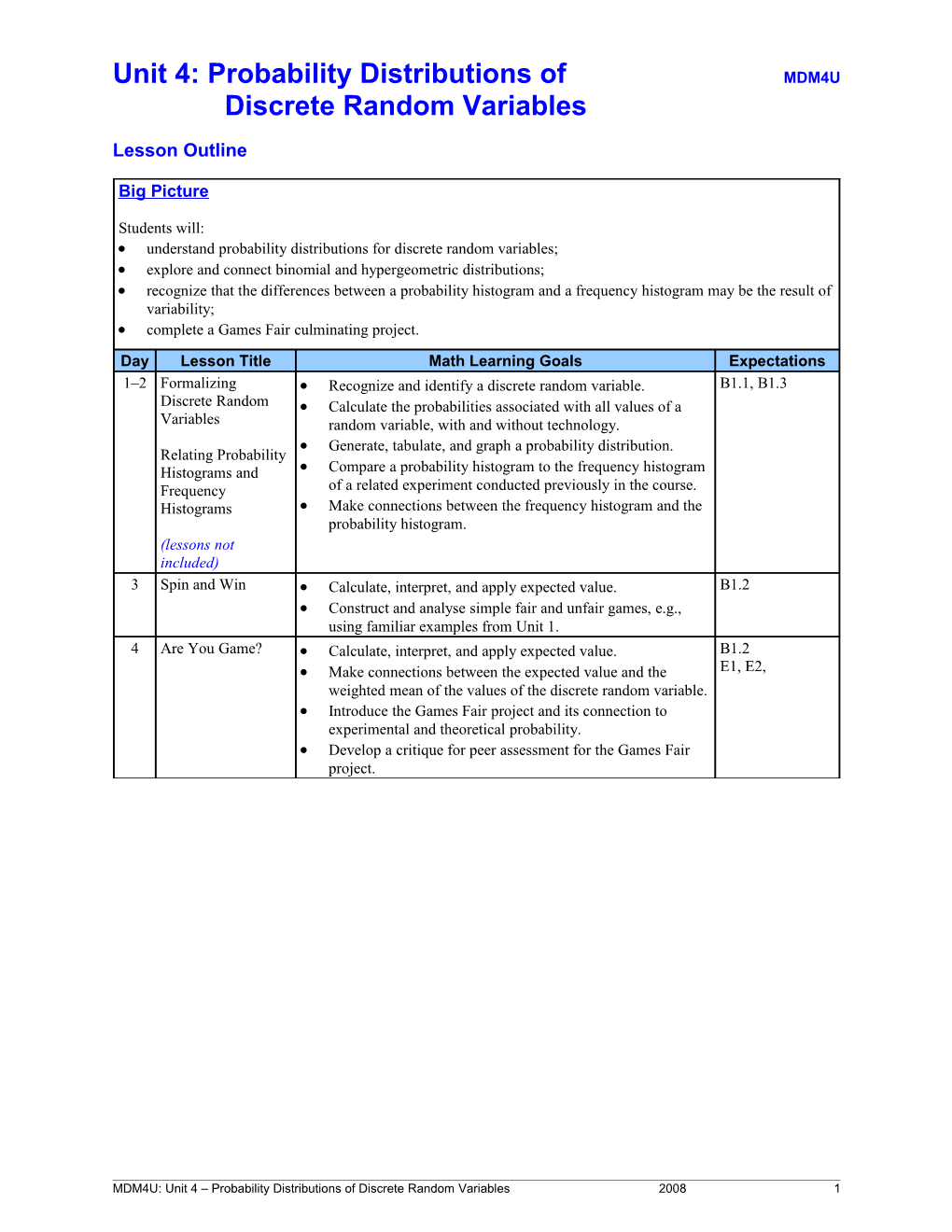 Unit 4: Probability Distributions of MDM4U Discrete Random Variables