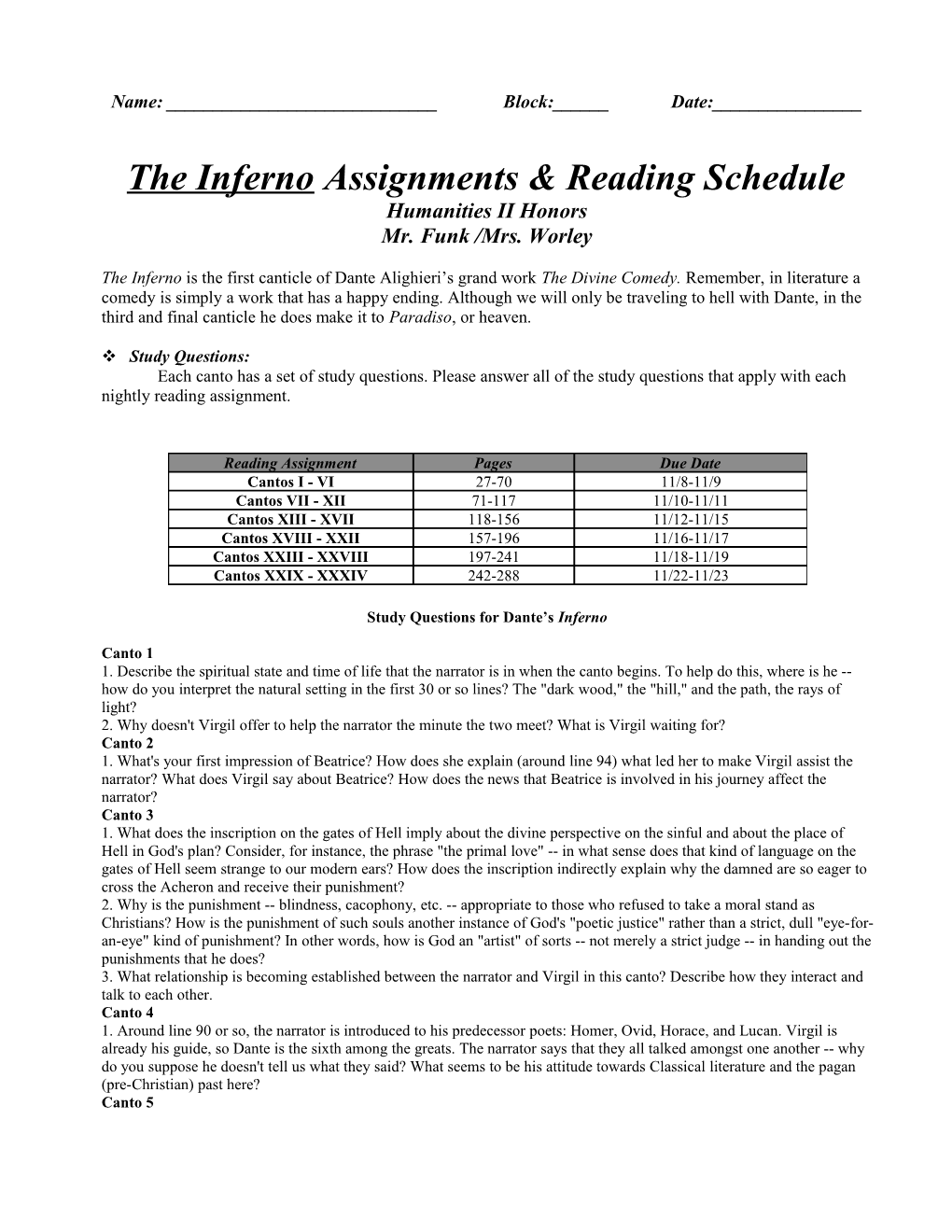 The Inferno Assignments & Reading Schedule