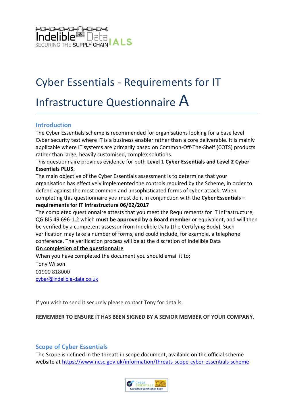 Cyber Essentials - Requirements for IT Infrastructure Questionnairea