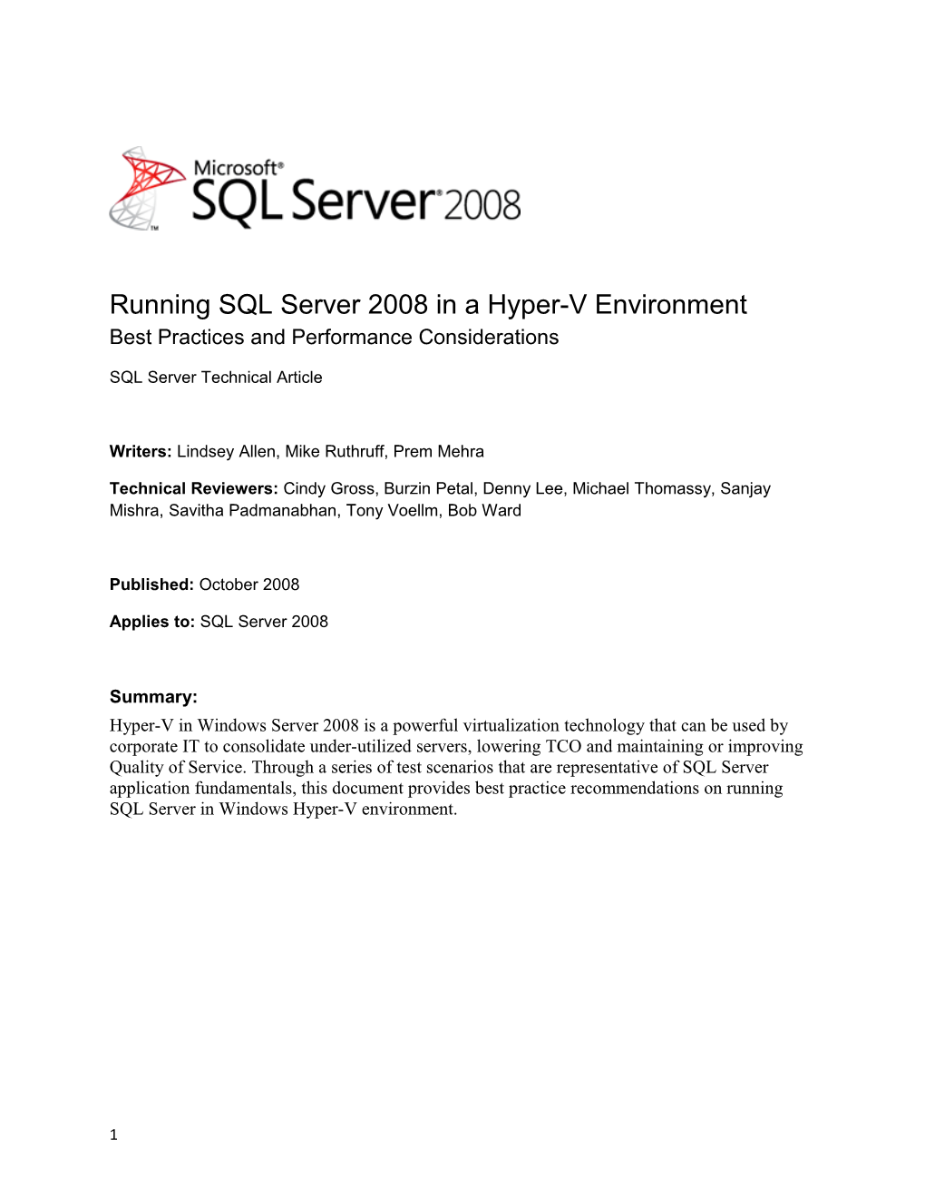 Running SQL Server 2008 in Hyper-V Environment