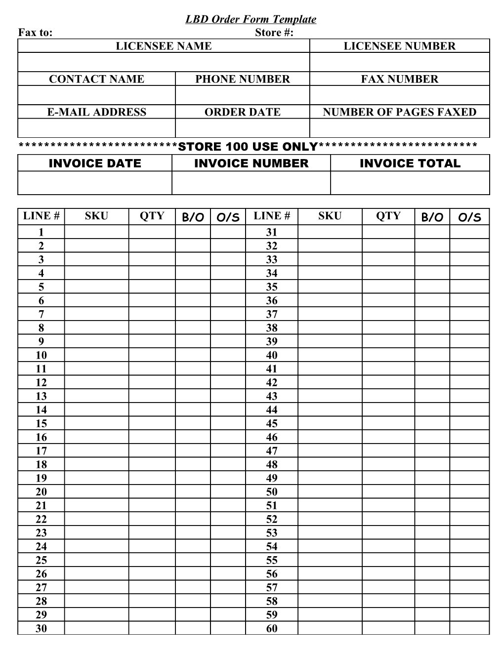 Store 100: Licensee Order Form