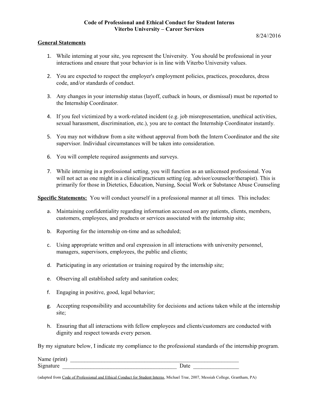 Code of Professional and Ethical Conduct for Student Interns