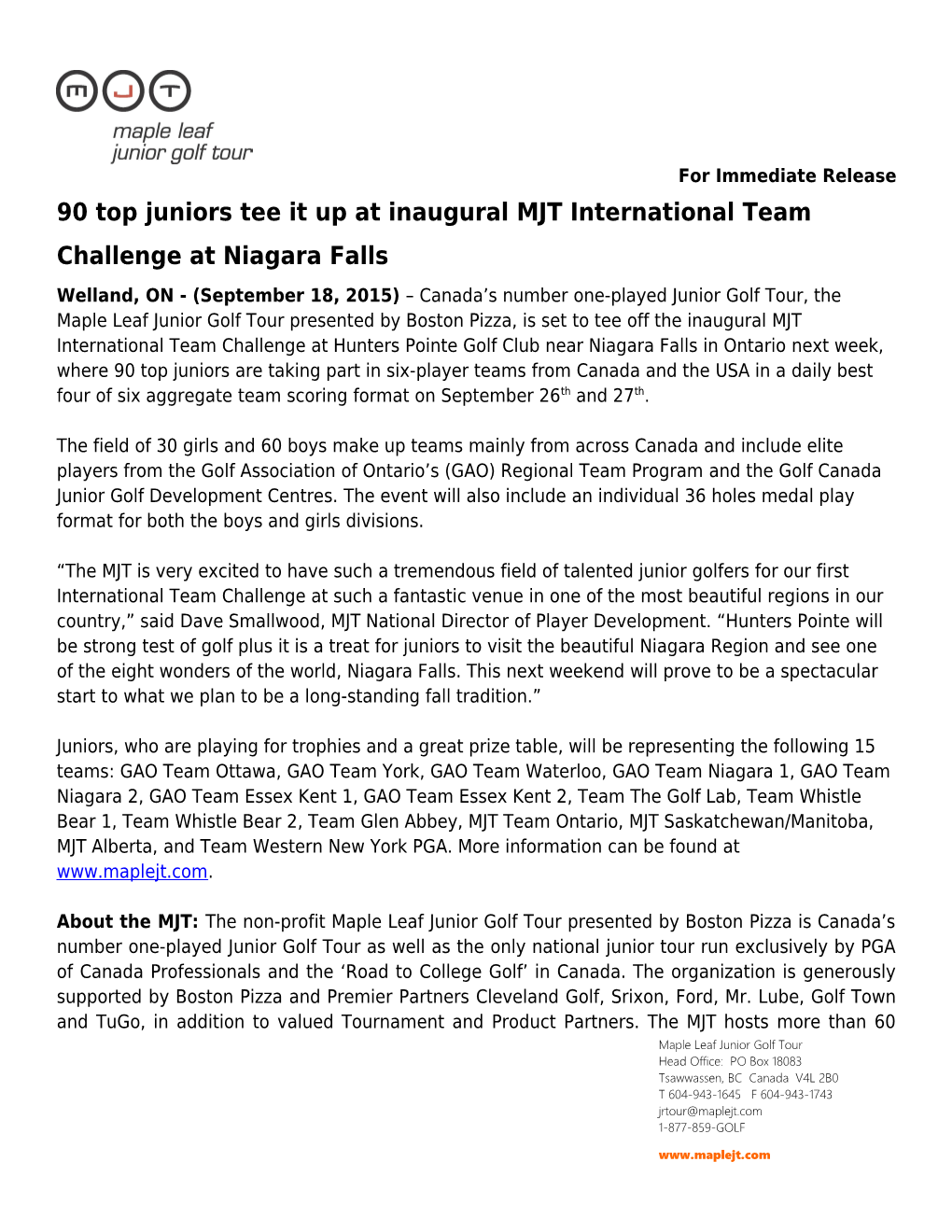 90 Top Juniors Tee It up at Inaugural MJT International Team Challenge at Niagara Falls