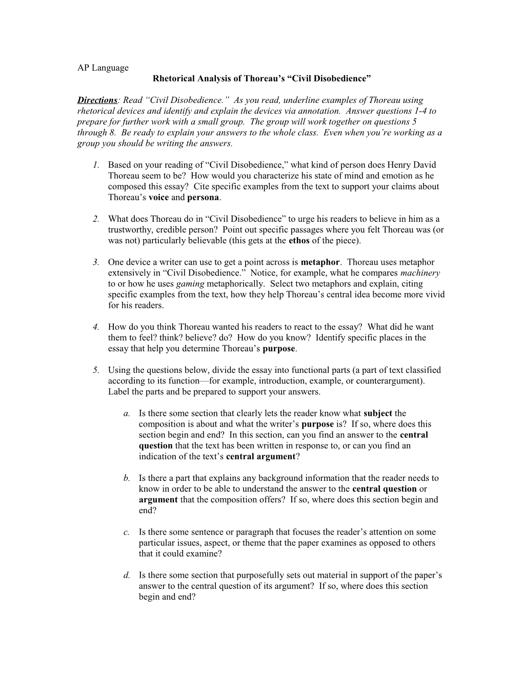 Rhetorical Analysis of Thoreau S Civil Disobedience