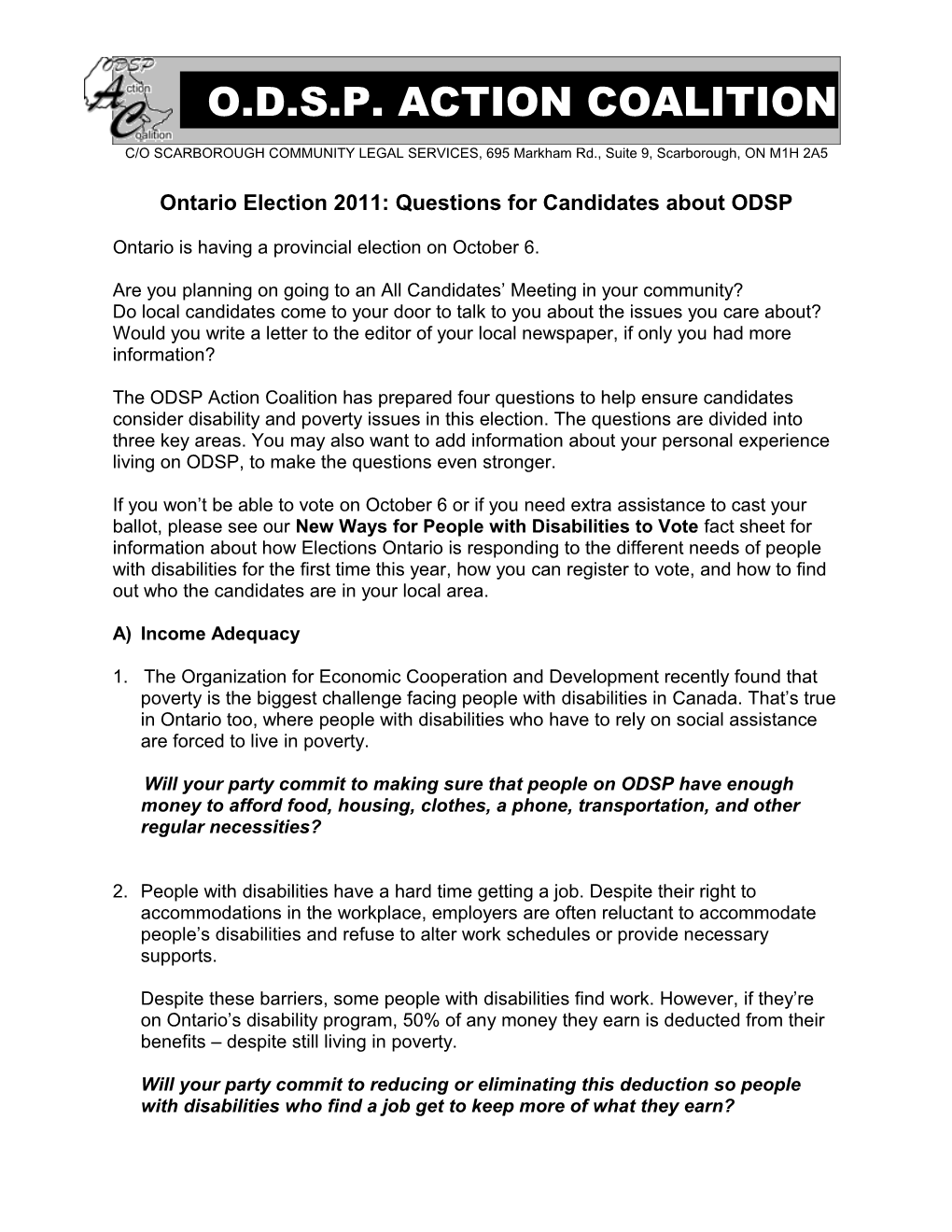 Ontario Election 2011: Questions for Candidates About ODSP
