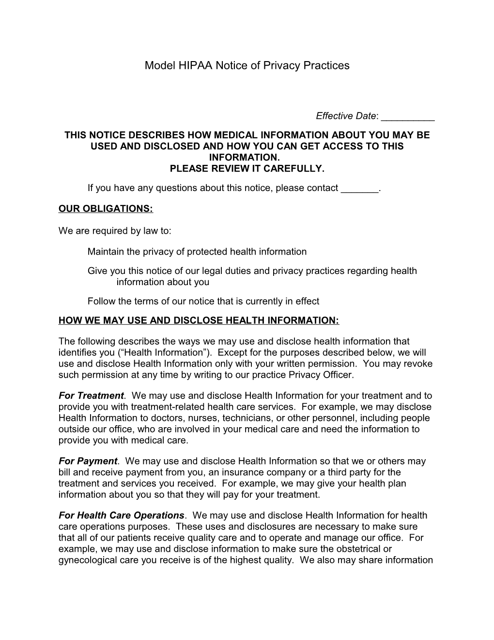 Model HIPAA Notice of Privacy Practices