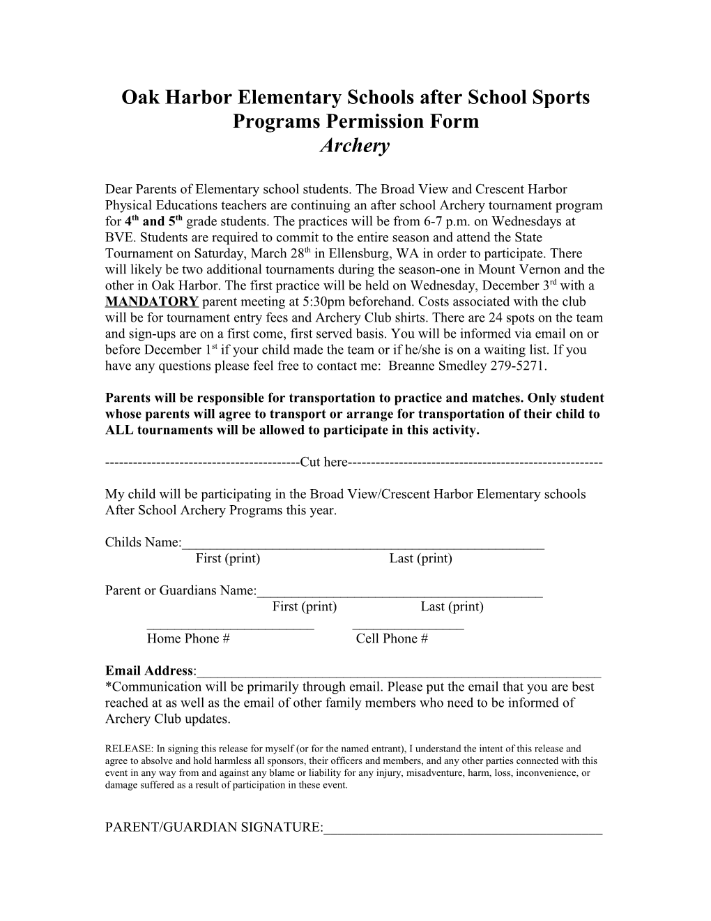 Oak Harbor Elementary Schools After School Sports Programs Permission Form