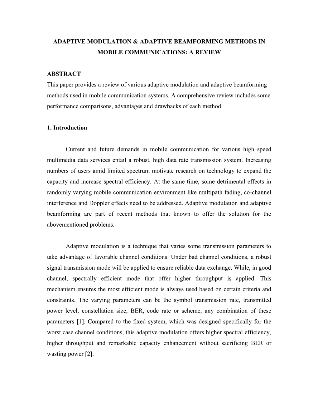 Adaptive Modulation & Beamforming in Mobile Communications: a Review